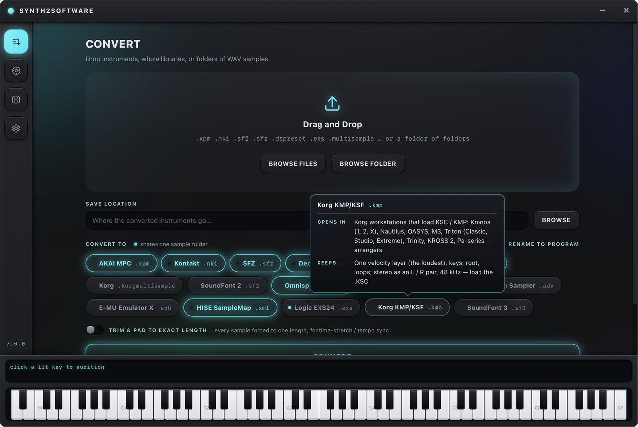 The Convert tab: whole sample libraries between formats.