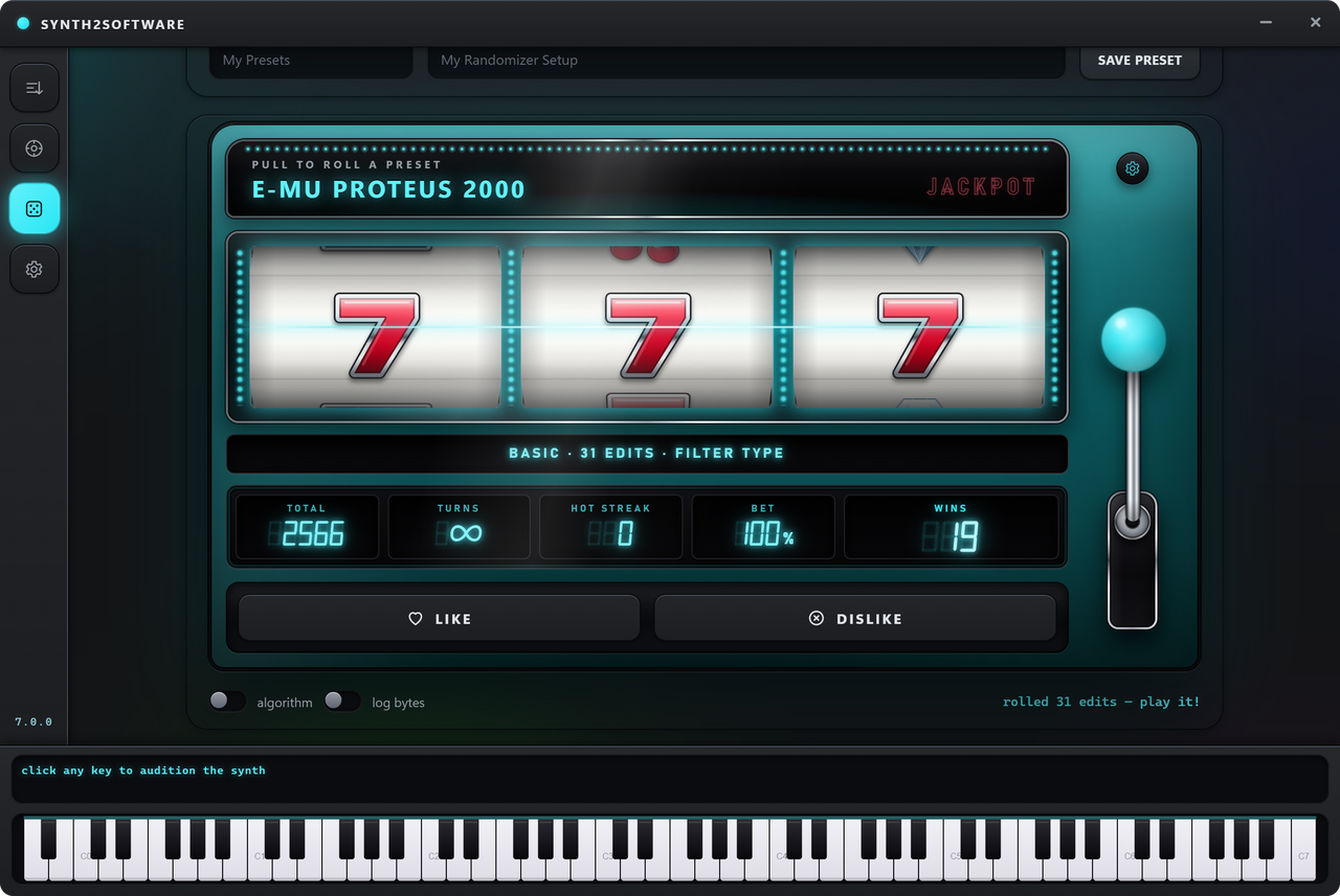 The Synth2Software desktop app: the slot-machine randomizer connected to an E-MU Proteus 2000, landed on 7·7·7.