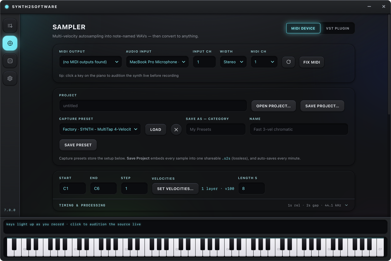 The auto-sampler recording a hardware synth over MIDI.